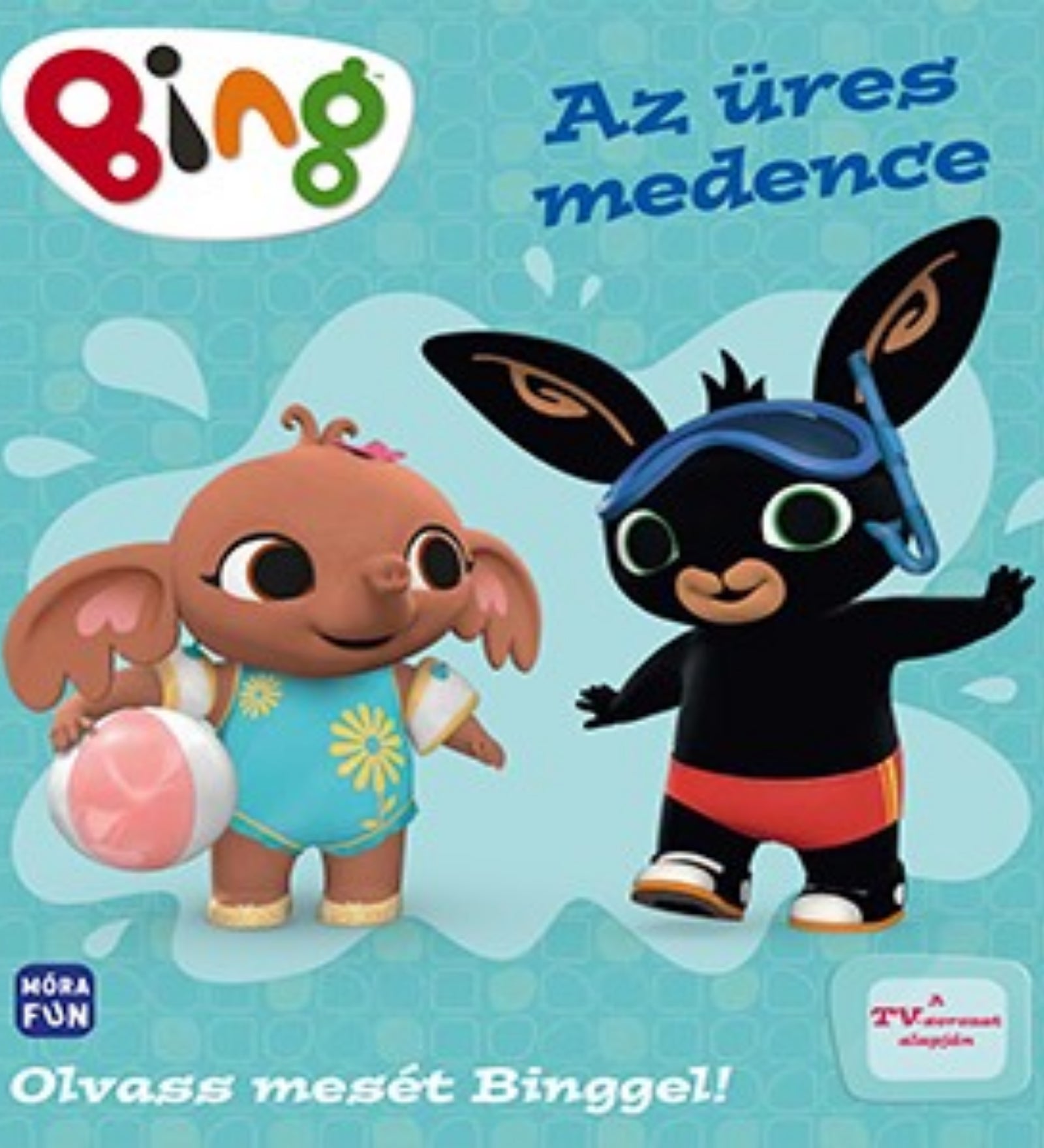 „Bing – Az üres medence” könyv borítója – Bing úszószemüvegben és piros fürdőnadrágban, barátja fürdőruhában és strandlabdával állnak egy medence mintás háttér előtt.