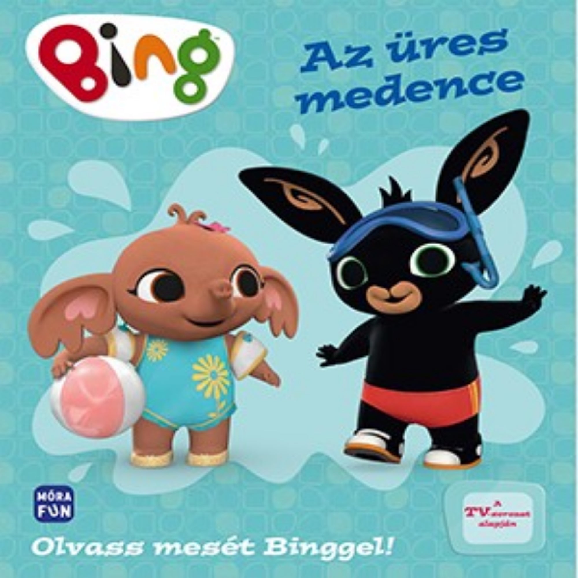 „Bing – Az üres medence” könyv borítója – Bing úszószemüvegben és piros fürdőnadrágban, barátja fürdőruhában és strandlabdával állnak egy medence mintás háttér előtt.