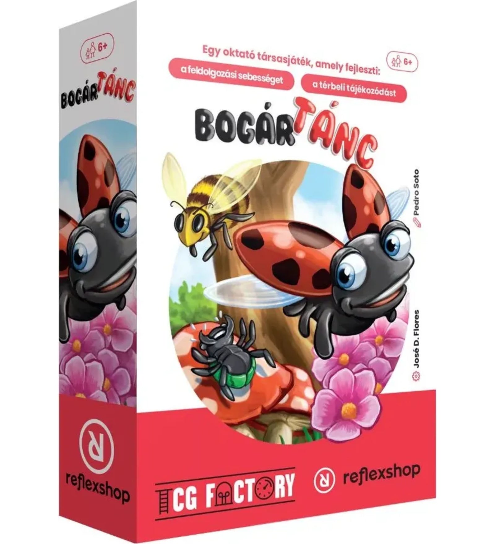 Bogártánc társasjáték doboza perspektívából, a borítón katica, méh és pók rajzolt illusztrációival.