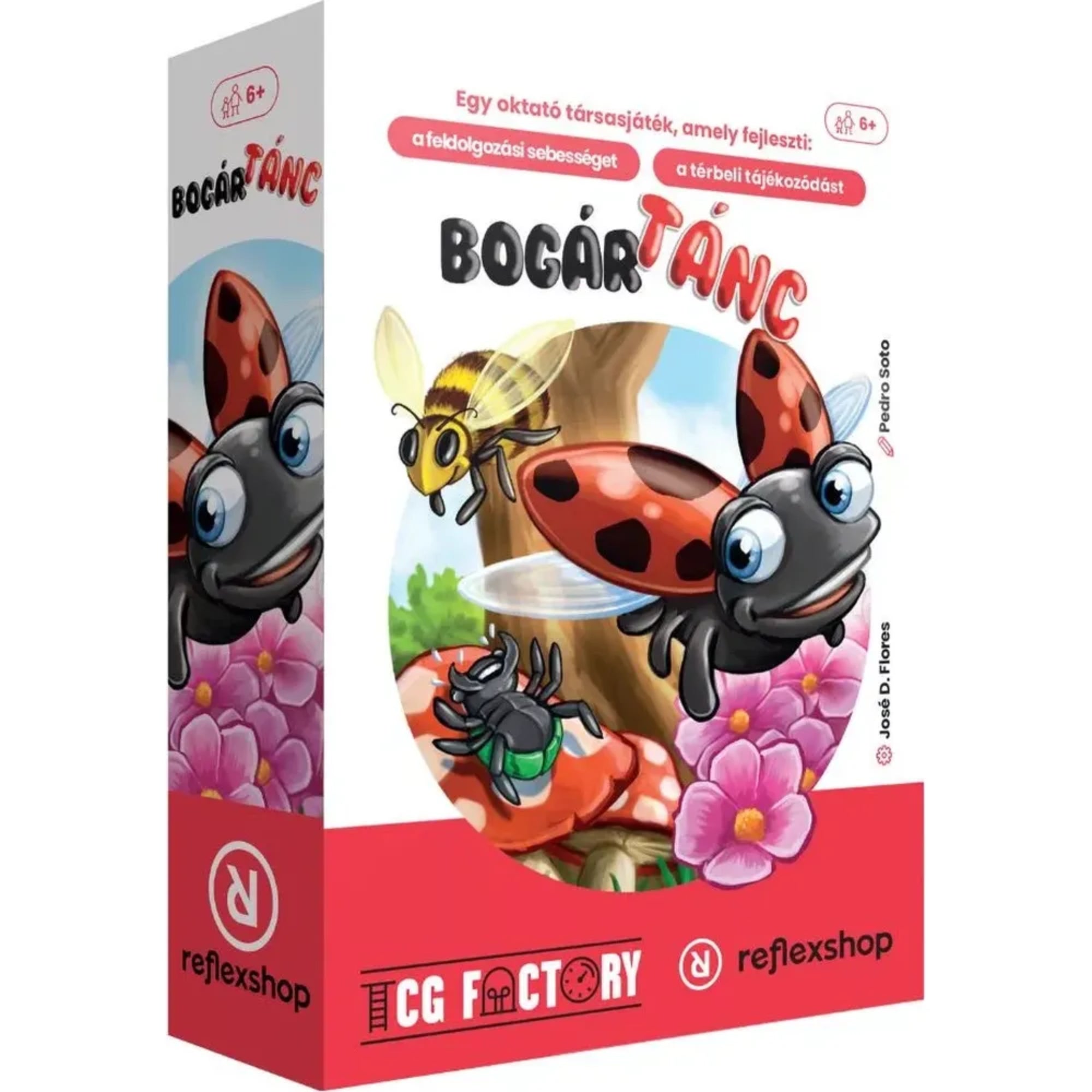Bogártánc társasjáték doboza perspektívából, a borítón katica, méh és pók rajzolt illusztrációival.