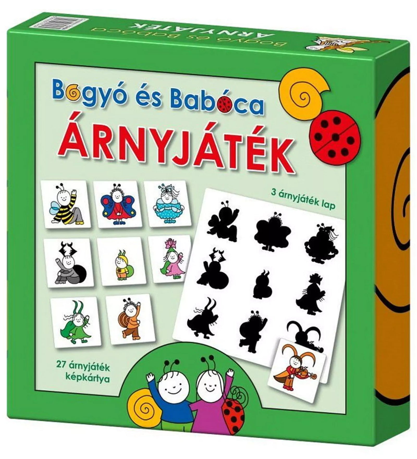 Bogyó és Babóca Árnyjáték doboza zöld szegéllyel, színes szereplőkkel és fekete árnyképekkel illusztrálva; 27 képkártyát és 3 árnyjáték lapot tartalmaz.