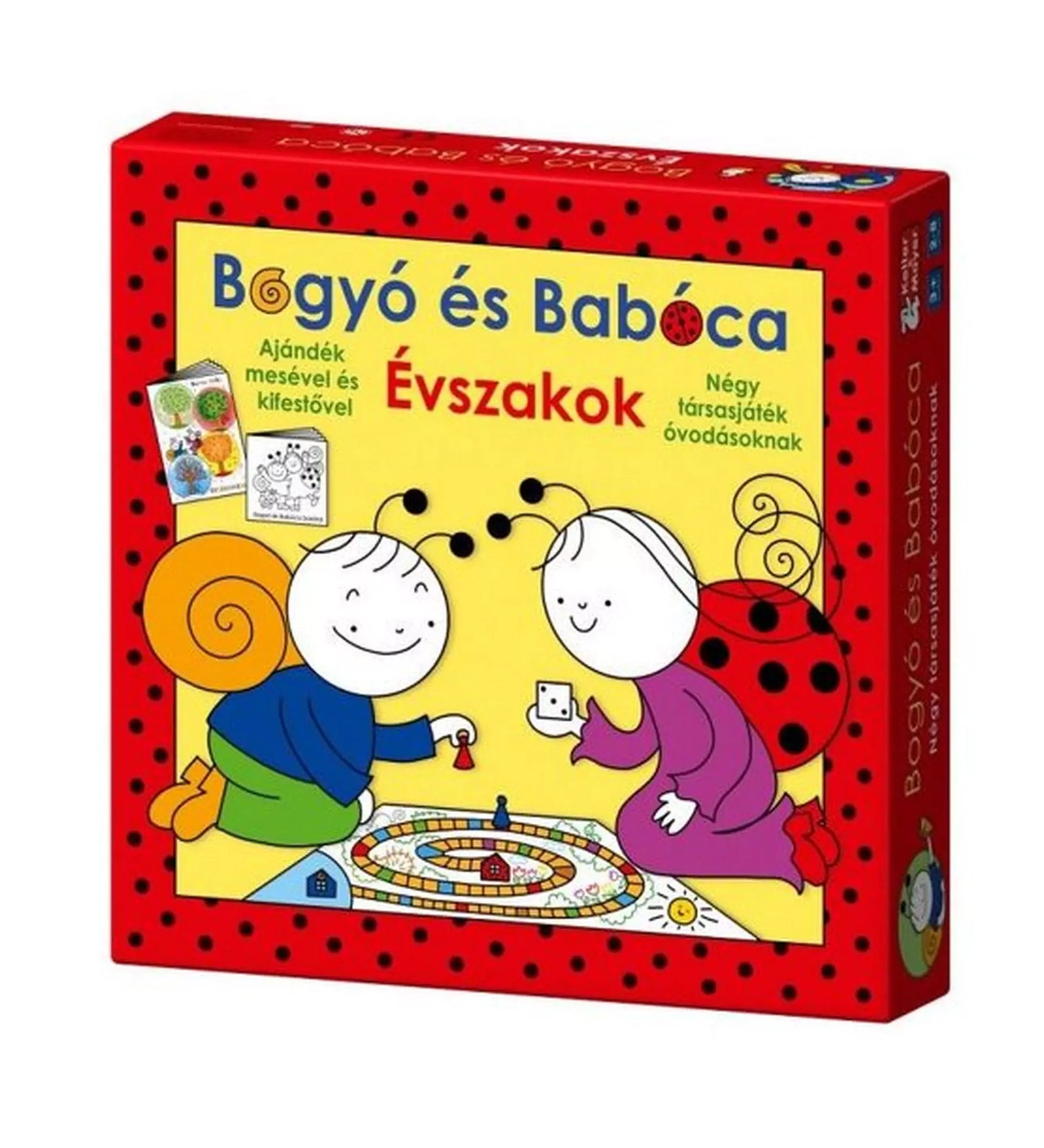Bogyó és Babóca – Évszakok társasjáték piros dobozban, a borítón a két főszereplő látható, amint egy évszakokat ábrázoló játéktáblán játszanak