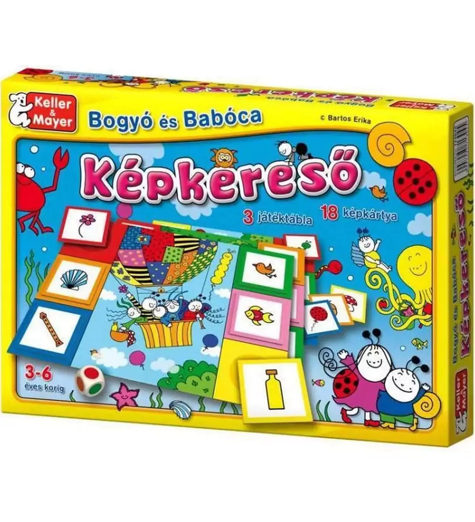 A Bogyó és Babóca – Képkereső társasjáték színes doboza közelről, rajta a főszereplők, képkártyák, játéktábla és a játék logója.