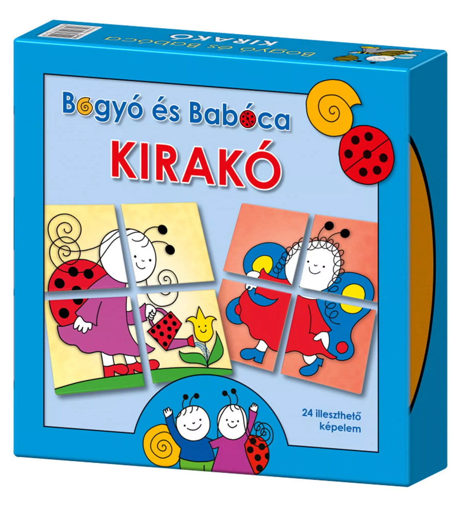 Kék színű Keller & Mayer Bogyó és Babóca Kirakó társasjáték doboza, rajta két illusztrált kép kirakóelemekre bontva, 24 illeszthető képelemmel.