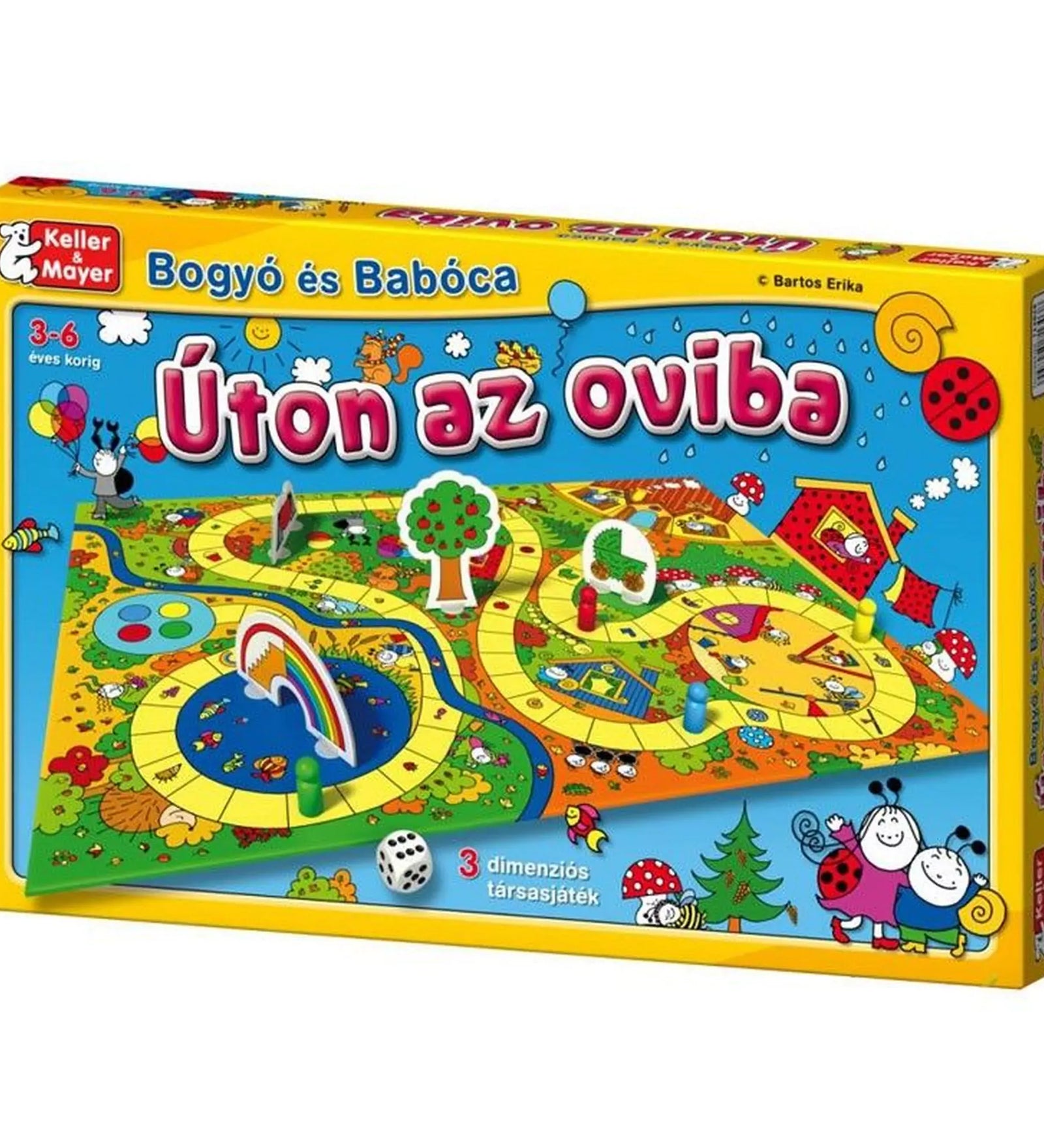 A Bogyó és Babóca: Úton az oviba társasjáték színes doboza, amelyen a 3D elemekkel kiegészített pálya és a szereplők illusztrációi láthatók, 3–6 éves korosztálynak ajánlva.