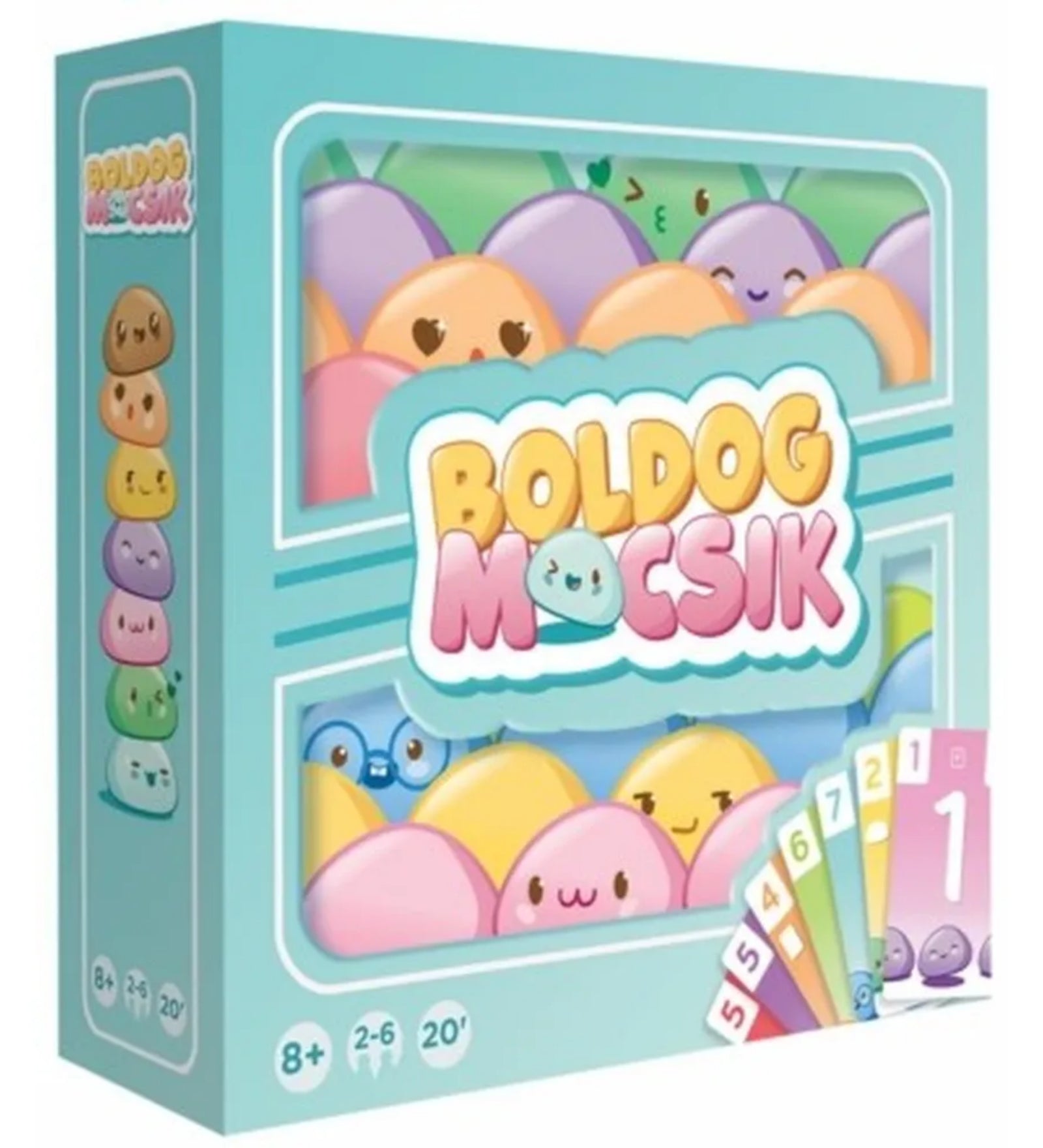 A „Boldog mocsik” társasjáték színes doboza, rajta mosolygós slime figurákkal és kártyaillusztrációkkal.