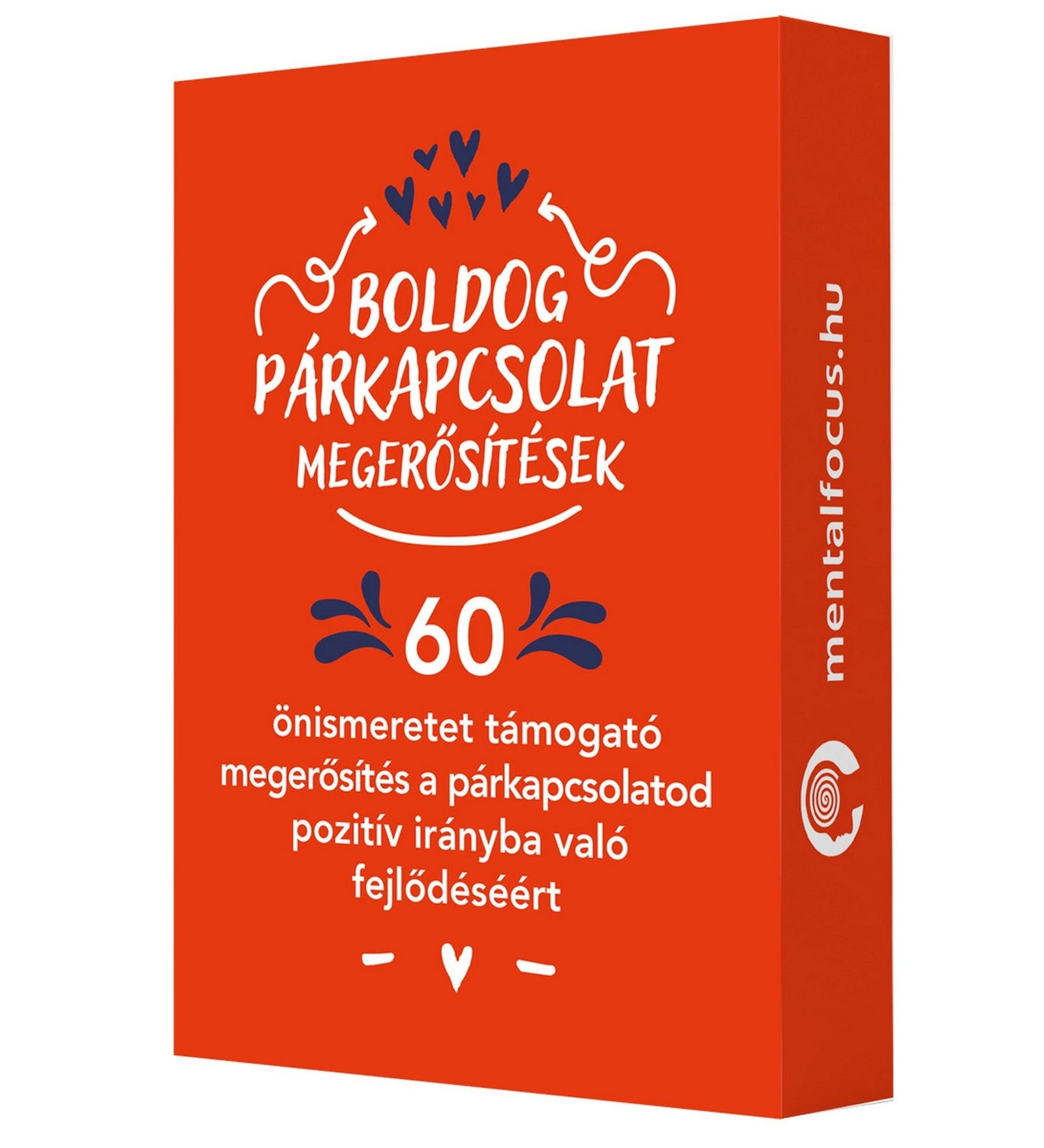 Boldog párkapcsolat megerősítések kártyacsomag doboza, amely 60 önismeretet támogató megerősítést tartalmaz a párkapcsolat pozitív fejlődéséhez.