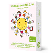 Boldogító erősségek személyiségfejlesztő kártyajáték doboza, 23 játékot és 43 kártyát tartalmazó csomagolás.