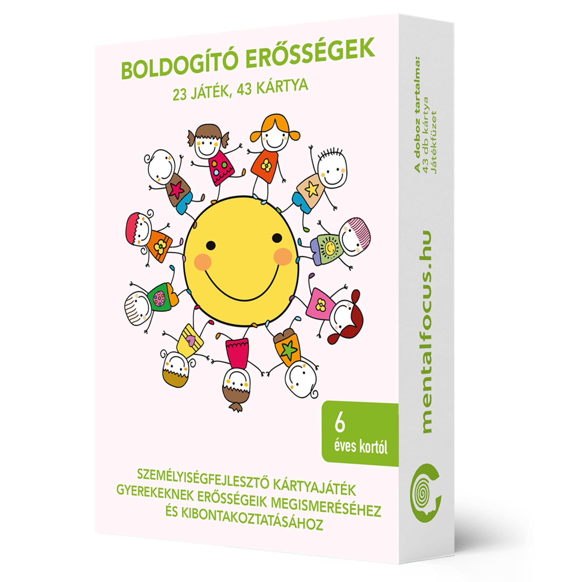 Boldogító erősségek személyiségfejlesztő kártyajáték doboza, 23 játékot és 43 kártyát tartalmazó csomagolás.