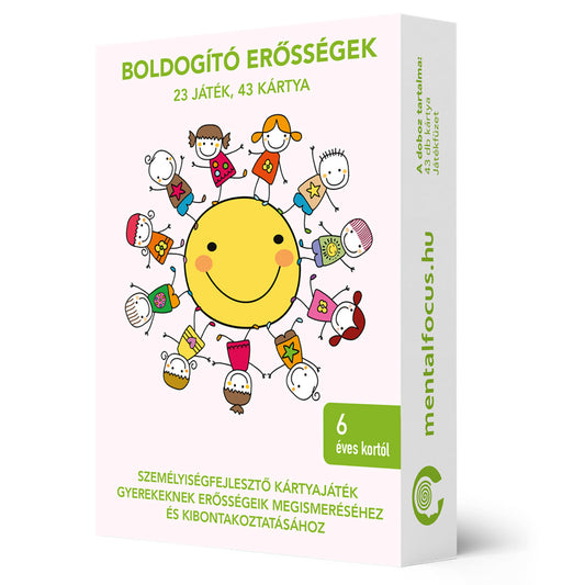 Boldogító erősségek személyiségfejlesztő kártyajáték doboza, 23 játékot és 43 kártyát tartalmazó csomagolás.