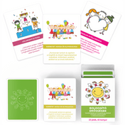 Boldogító erősségek kártyajáték kártyalapjai és doboza, több mintakártyával és zöld hátlapos lapokkal.