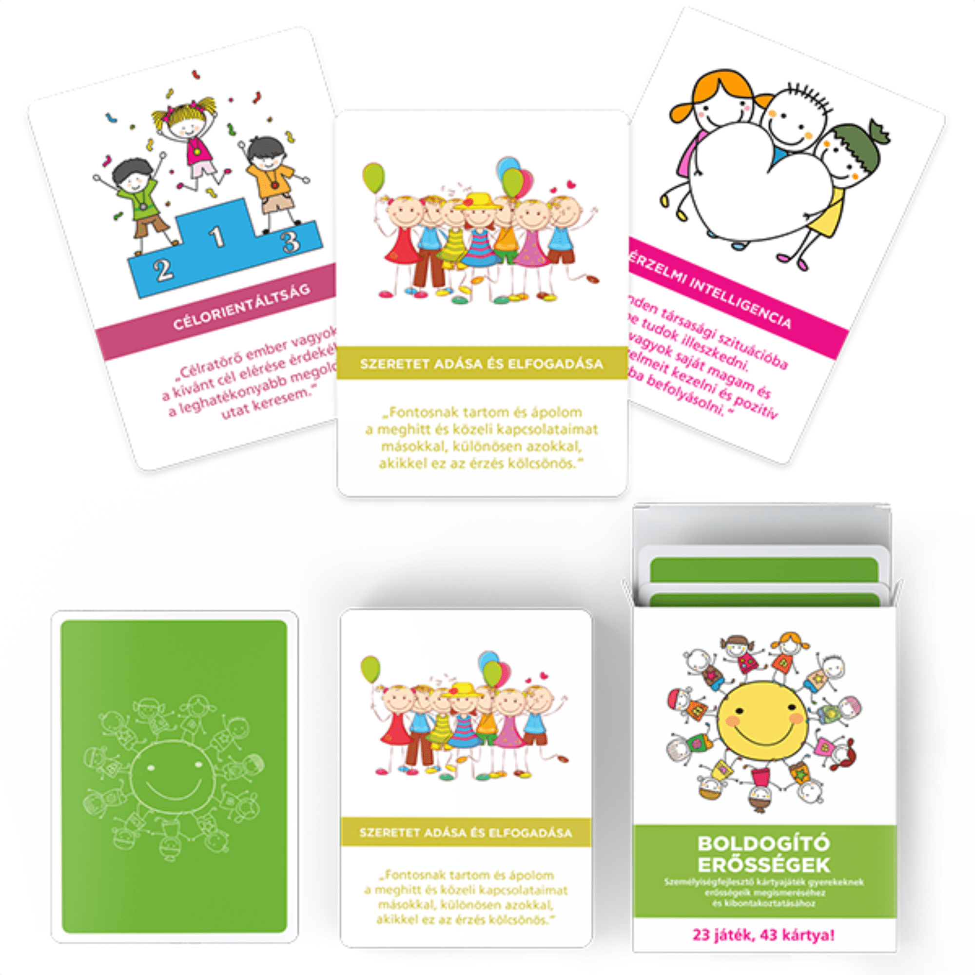 Boldogító erősségek kártyajáték kártyalapjai és doboza, több mintakártyával és zöld hátlapos lapokkal.