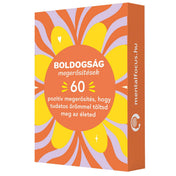 Boldogság megerősítések doboza narancssárga-sárga virágmintás дизайnnal, 60 pozitív megerősítéssel.