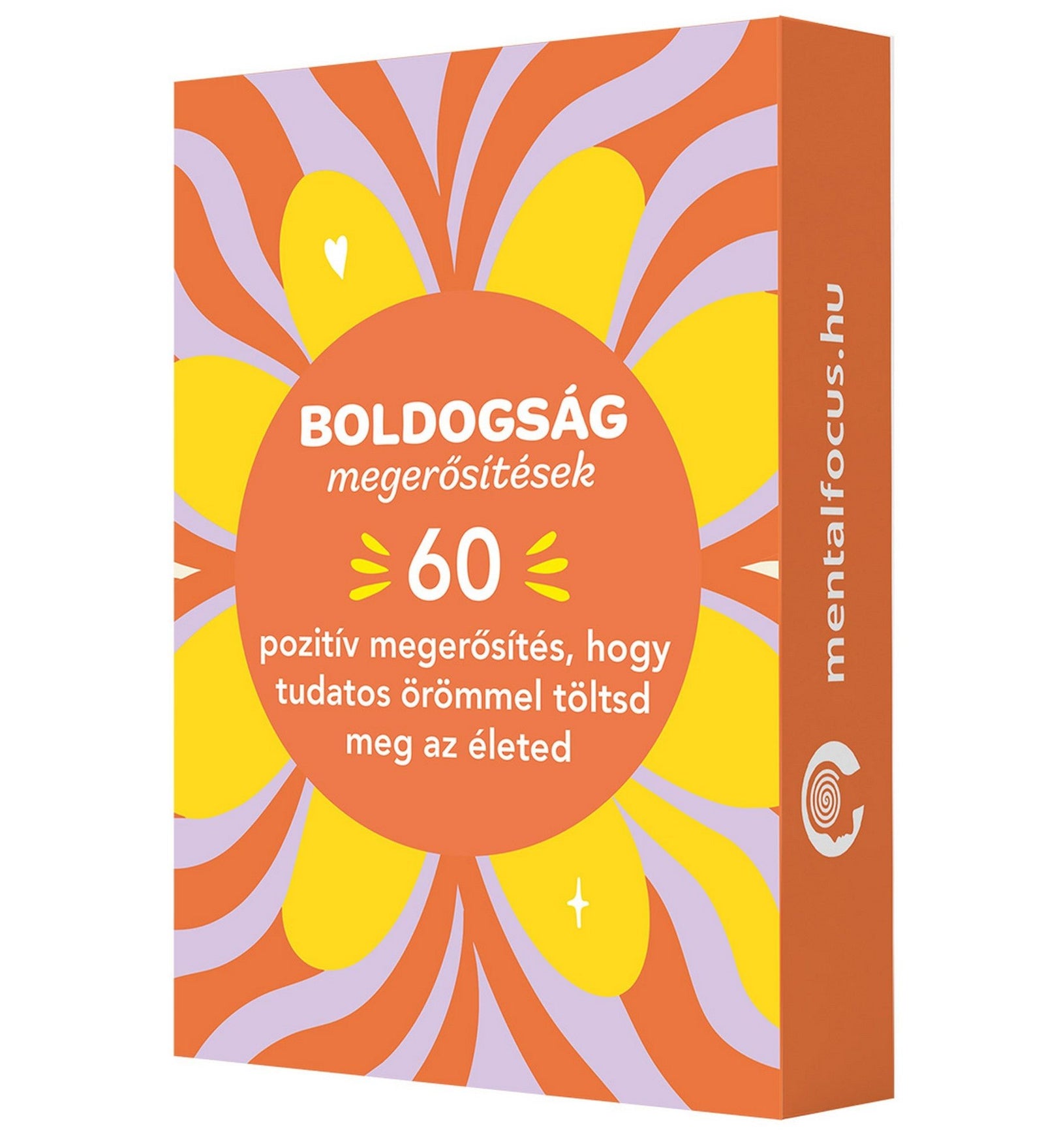 Boldogság megerősítések doboza narancssárga-sárga virágmintás дизайnnal, 60 pozitív megerősítéssel.
