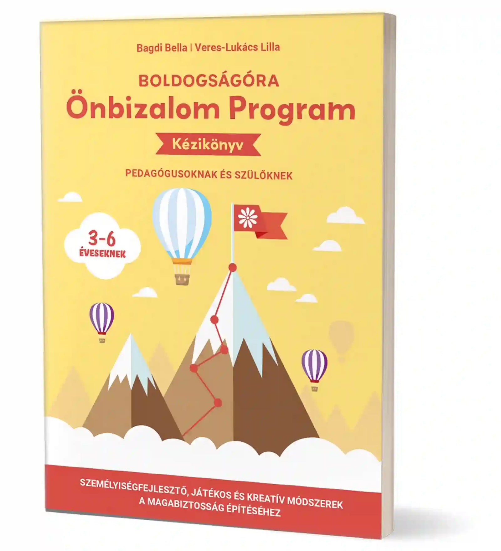 Boldogságóra – Önbizalom Program Kézikönyv: Sárga borítójú könyv hegyekkel, hőlégballonokkal és zászlóval, pedagógusoknak és szülőknek szóló, 3–6 évesek önbizalomfejlesztését segítő kiadvány.
