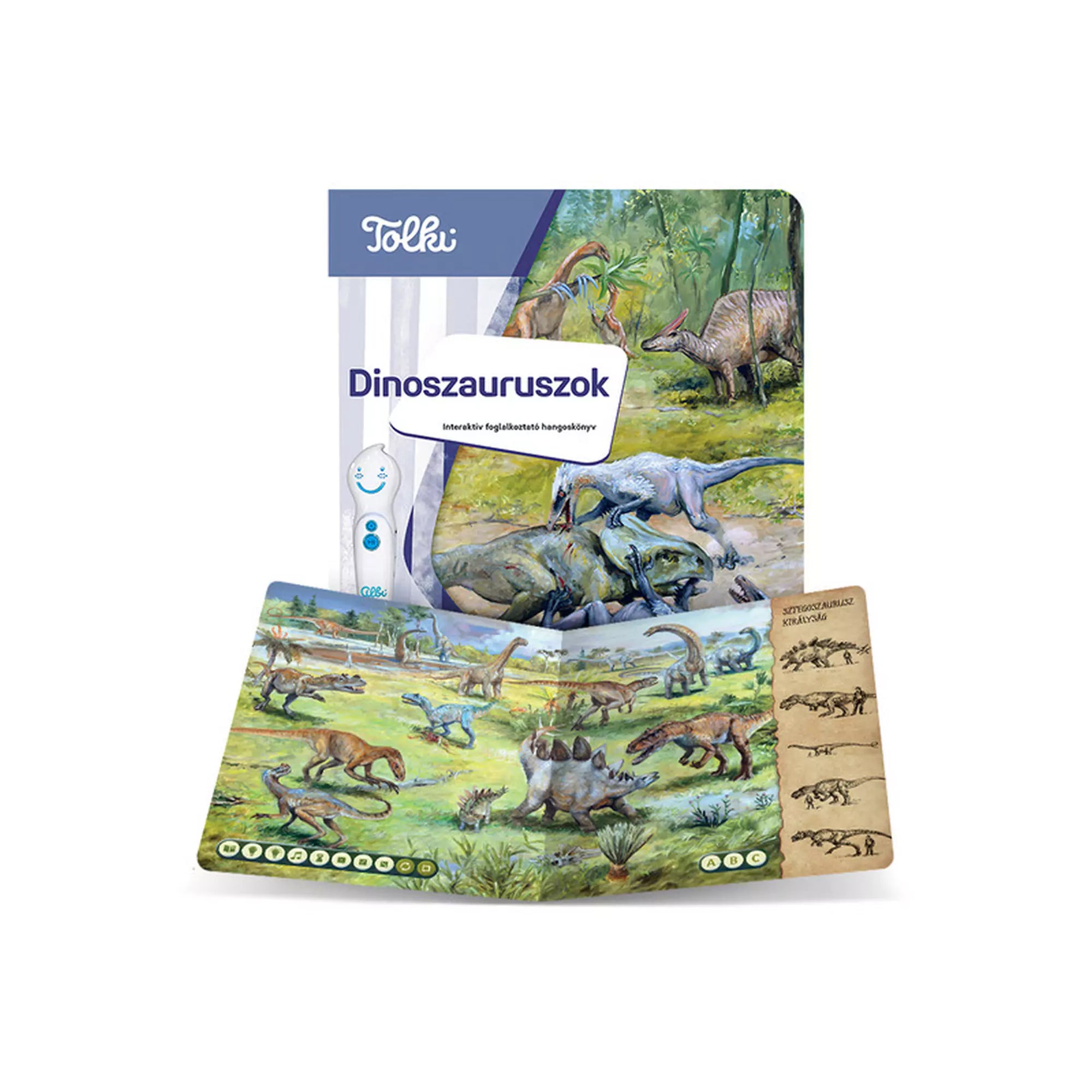 A Tolki – Dinoszauruszok interaktív foglalkoztató hangoskönyv nyitott állapotban, színes dinoszaurusz-illusztrációkkal.