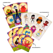 Boo Buli játékelemek – szereplapkák, látomáskártyák és jelmezkártyák színes, mesés grafikával.