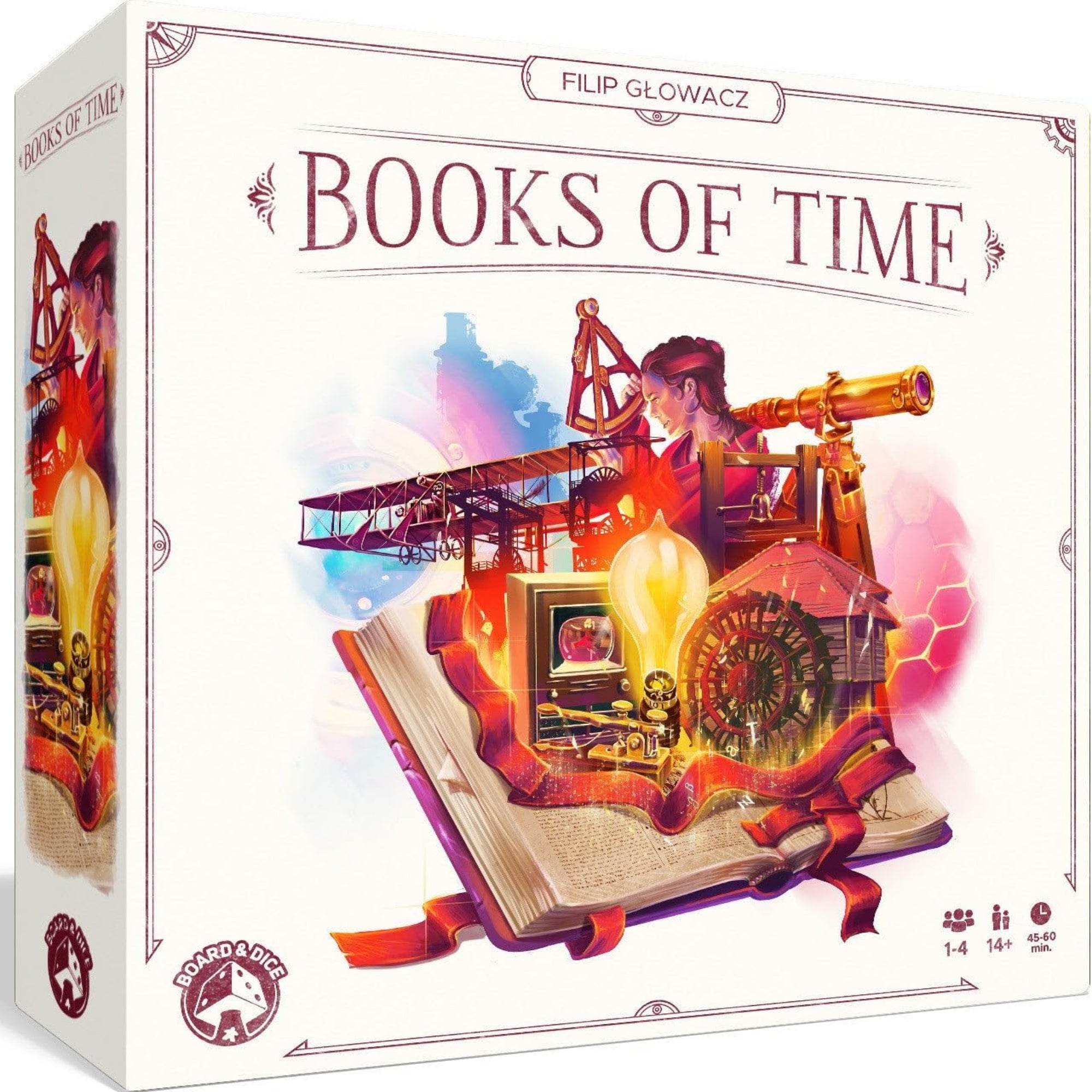 Books of Time társasjáték doboza, amelyen kreatív illusztráció látható történelmi felfedezésekről, technológiai újításokról és az emberiség fejlődéséről.