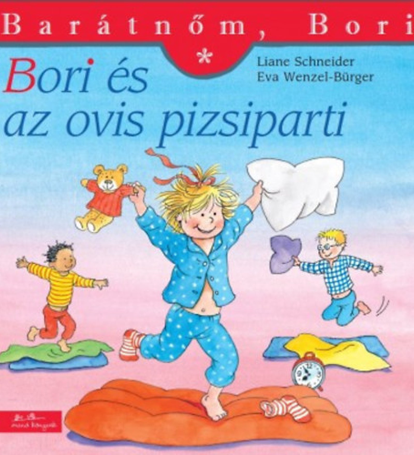 A „Bori és az ovis pizsiparti” (Barátnőm, Bori 37.) könyv borítója, amelyen Bori pizsamában ugrál egy narancssárga matracon, miközben párnacsatát vív barátaival; körülöttük játékok és takarók hevernek.