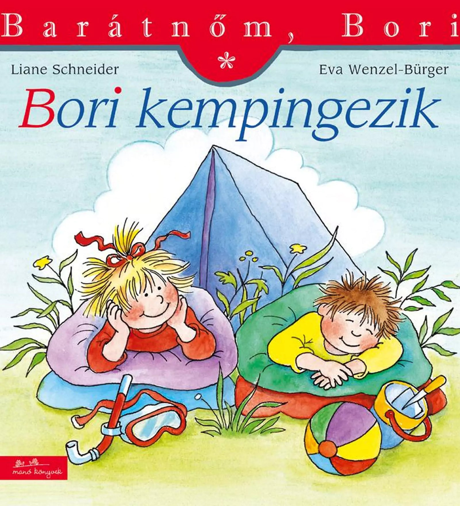 A „Bori kempingezik” című Barátnőm, Bori könyv borítója, amelyen Bori és egy kisfiú hálózsákban fekszenek egy sátor előtt a fűben, nyári tábori környezetben.