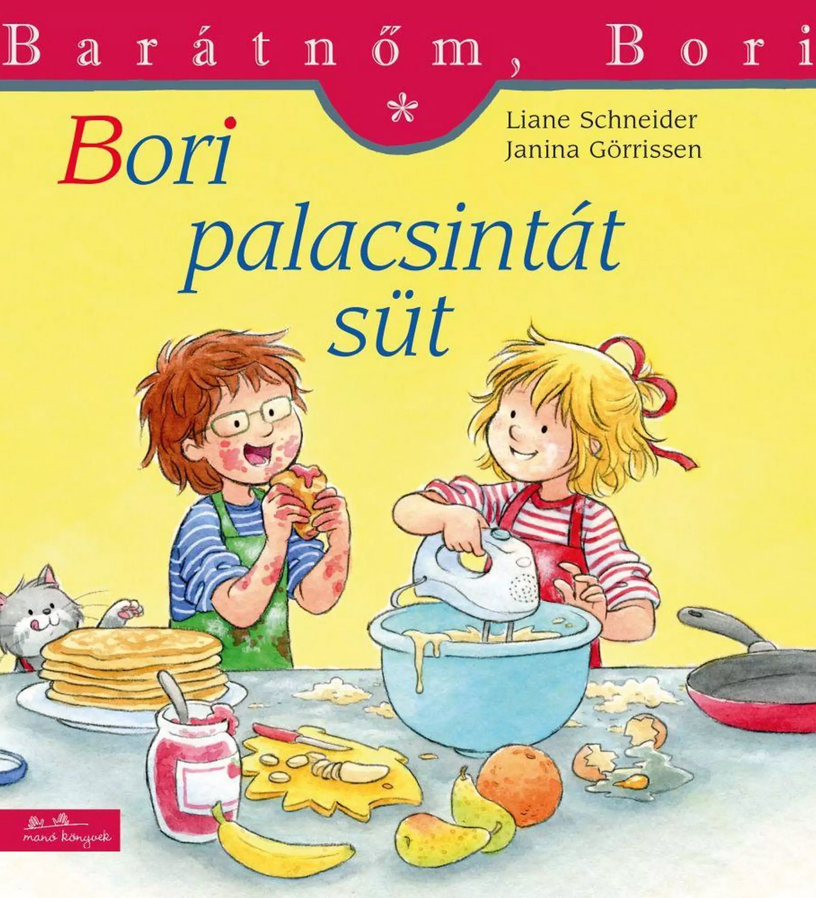 A „Bori palacsintát süt” című gyerekkönyv borítója, amelyen Bori egy tálban tésztát kever robotgéppel, mellette egy fiú palacsintát eszik, az asztalon gyümölcsök, lekvár és palacsinták láthatók.