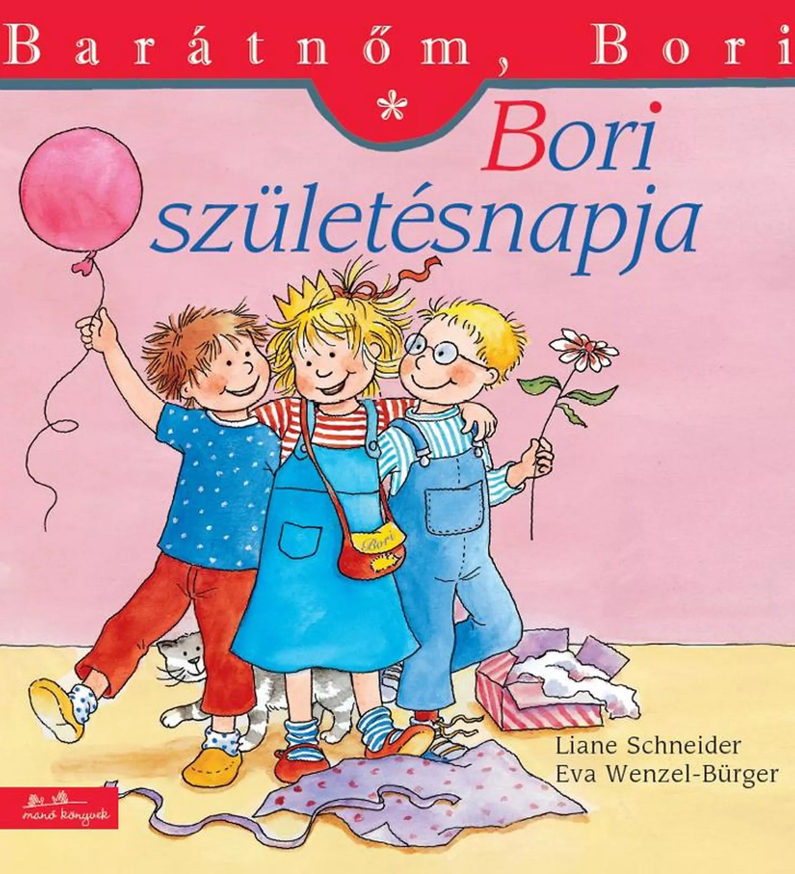 A „Bori születésnapja” című gyerekkönyv borítója, amelyen Bori két barátjával áll, egyikük egy virágot, a másik egy lufit tart, miközben boldogan mosolyognak és ünnepelnek egy rózsaszín háttér előtt.
