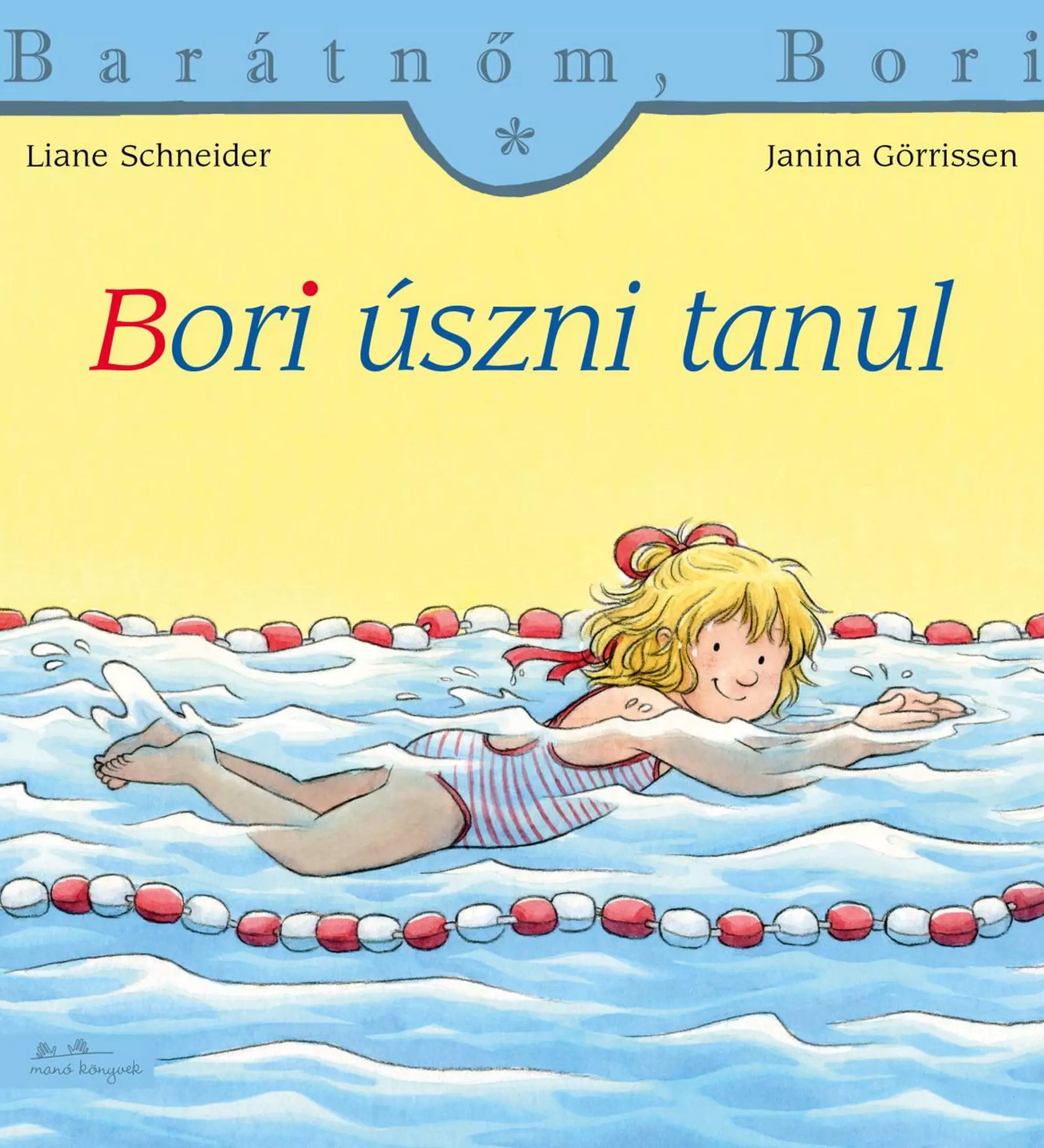 A „Bori úszni tanul” című gyerekkönyv borítója, amelyen Bori piros csíkos fürdőruhában úszik egy úszómedencében, bójákkal elválasztott pályán.