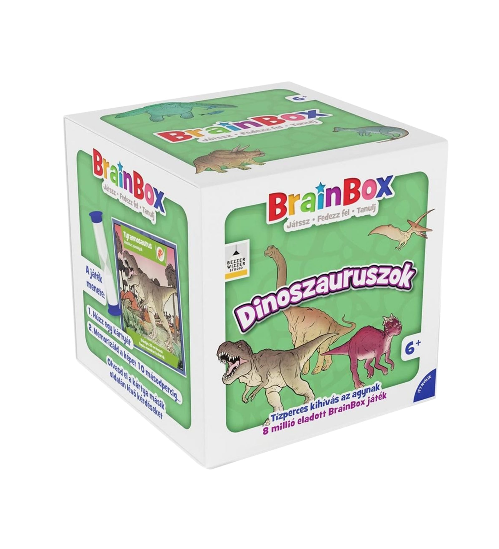 A BrainBox Dinoszauruszok játék doboza, színes illusztrációkkal és információkkal a játékról.