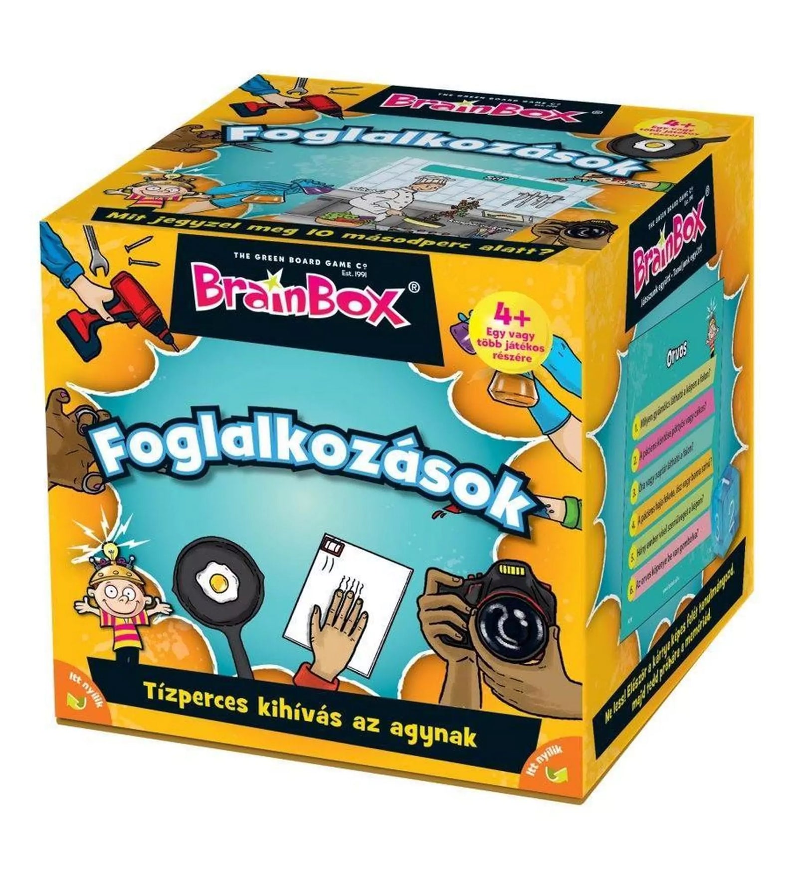BrainBox - Foglalkozások társasjáték doboza, amely izgalmas memória- és tudásfejlesztő játék a különböző szakmákról, 4 éves kortól ajánlott.