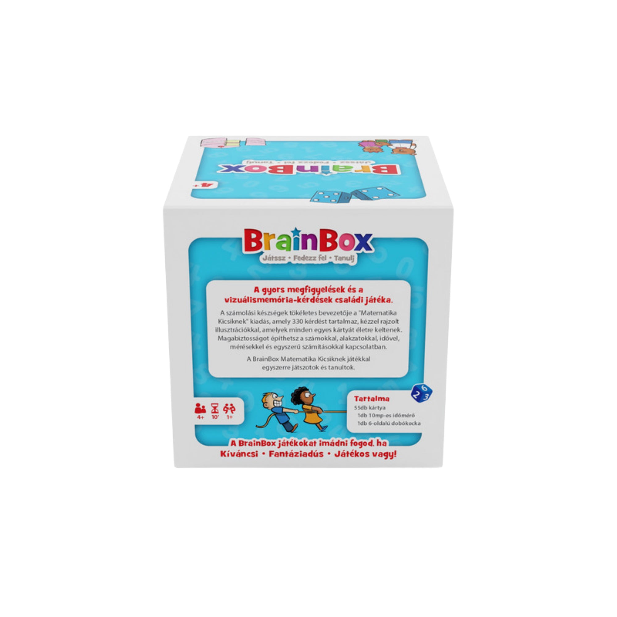 BrainBox Matematika kicsiknek dobozának hátoldala - A BrainBox Matematika kicsiknek társasjáték hátoldala, amely bemutatja a játék tartalmát és leírását.