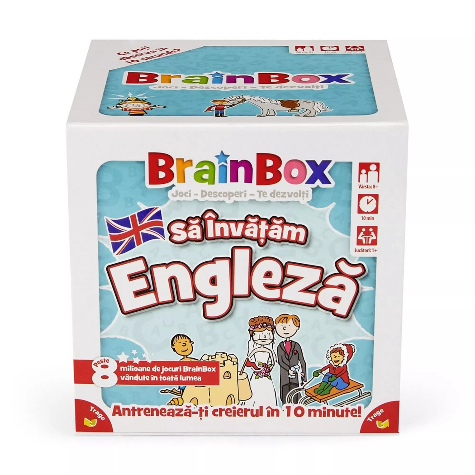 A BrainBox – Să învățăm Engleză társasjáték doboza, színes illusztrációkkal és a brit zászlóval díszítve. A csomagolás jelzi, hogy a játék 8 éves kortól ajánlott, és 10 perces tanulási körökre épül.