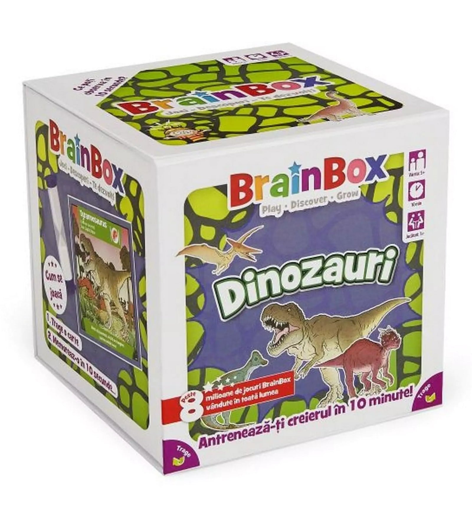 A BrainBox: Dinozauri társasjáték doboza, amely izgalmas kvízkártyákat tartalmaz a dinoszauruszokról.