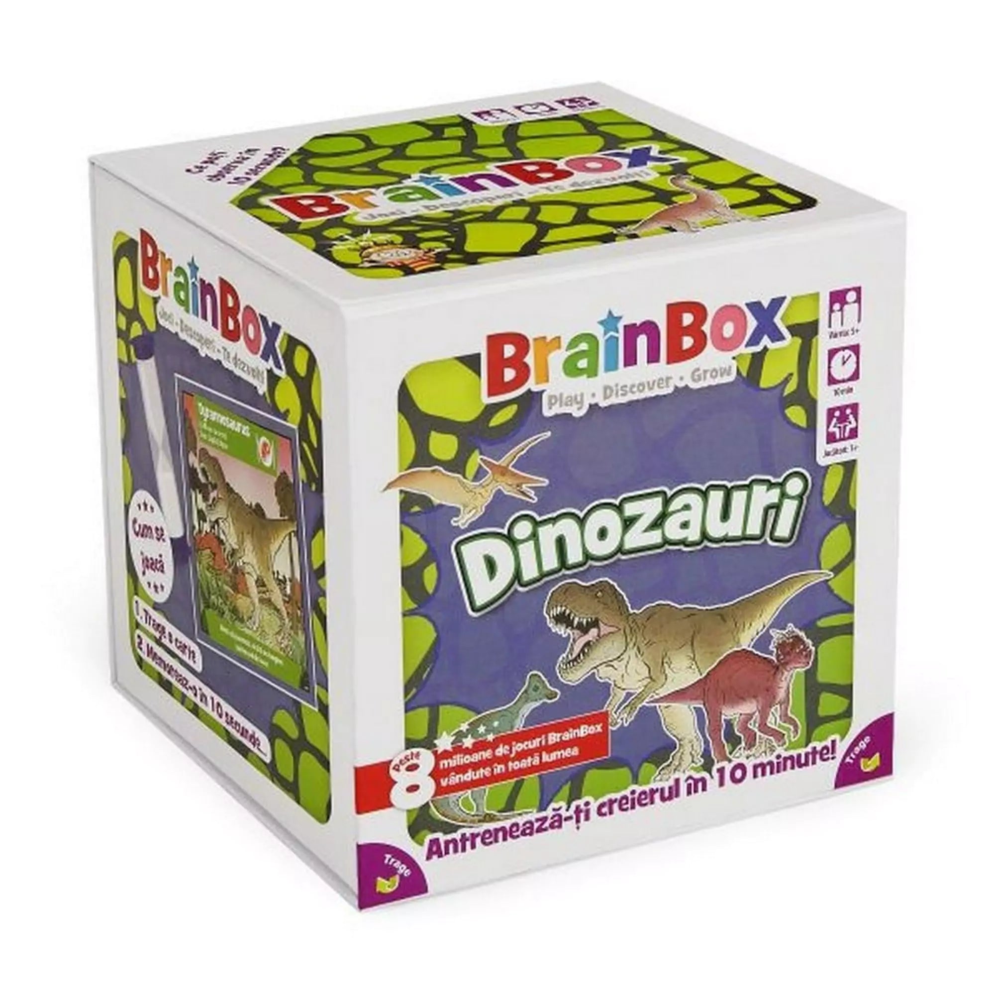 A BrainBox: Dinozauri társasjáték doboza, amely izgalmas kvízkártyákat tartalmaz a dinoszauruszokról.