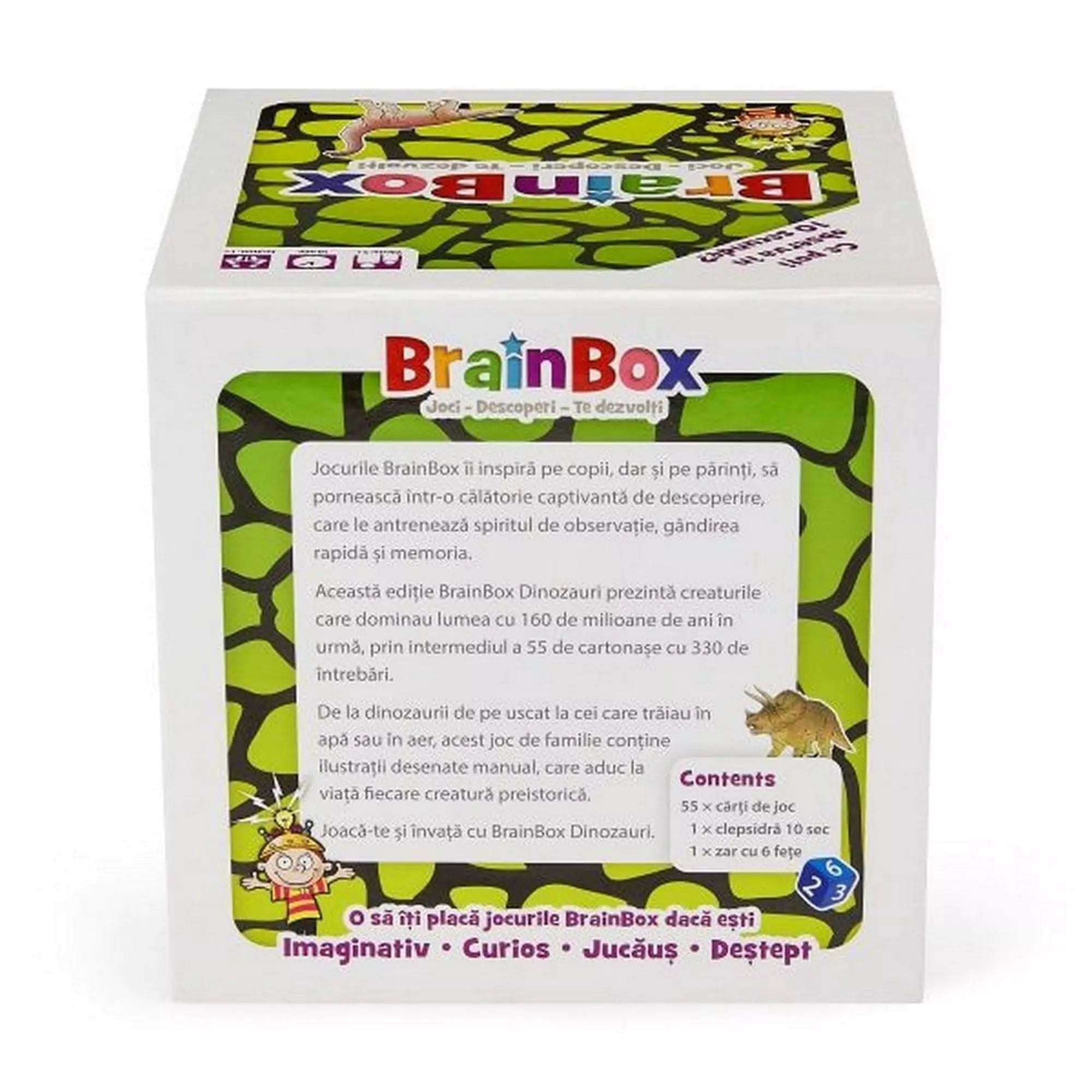 A BrainBox: Dinozauri társasjáték dobozának hátoldala, részletes leírással a játékról és annak tartalmáról.