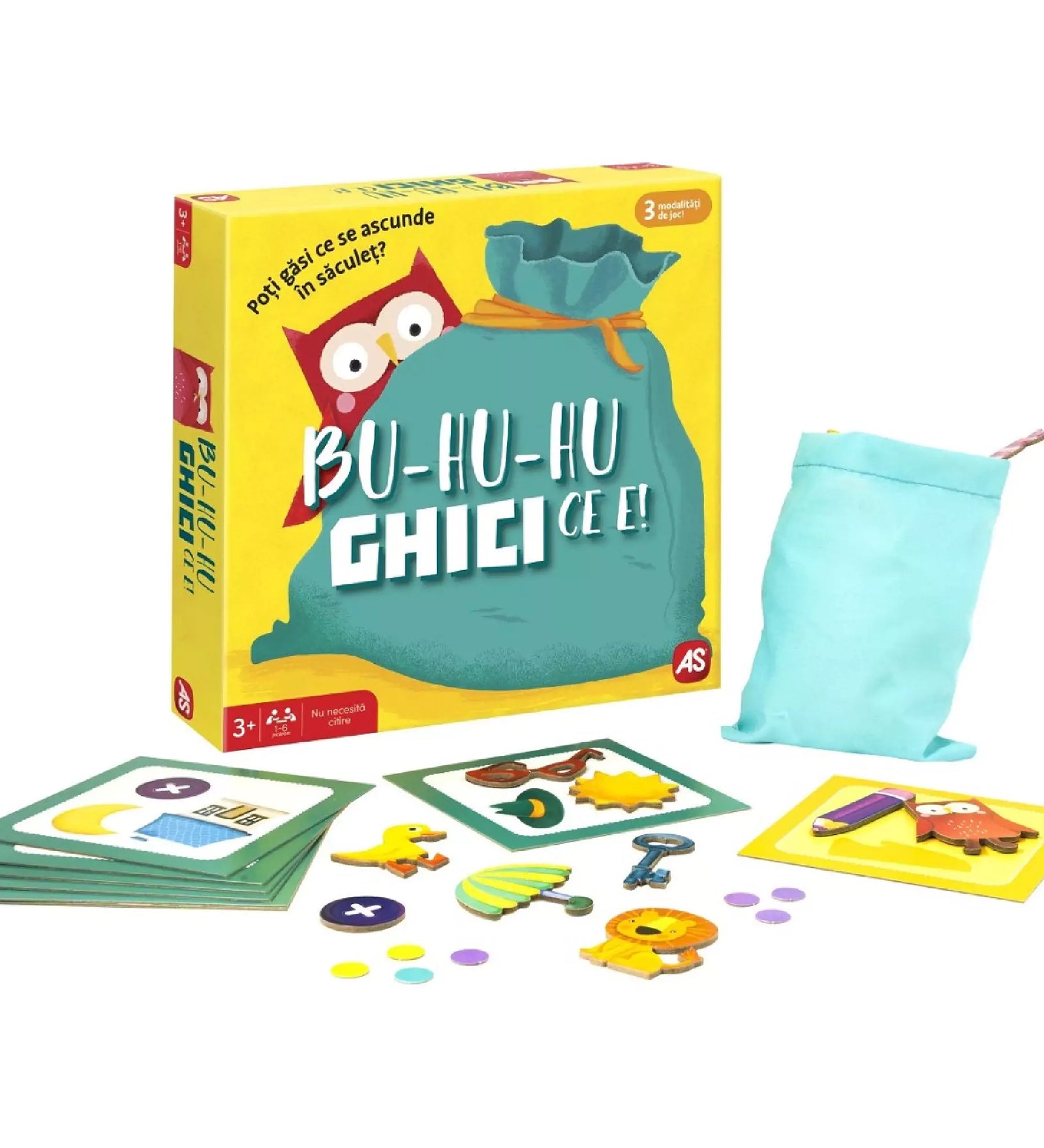 A Bu-Hu-Hu Ghici Ce E! játék elemei: kék zsák, tárgykártyák, különféle kis fafigurák és jelölők.