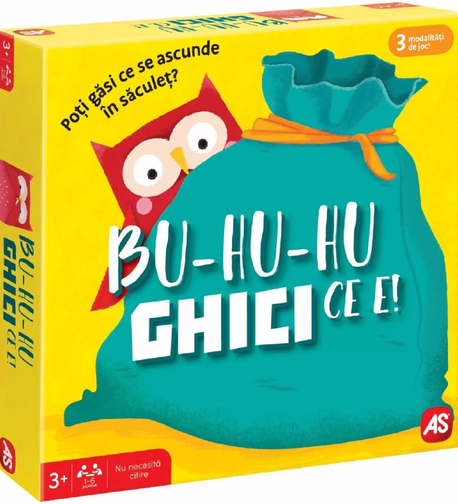 Bu-Hu-Hu Ghici Ce E! társasjáték színes doboza, amelyen egy baglyos zsák látható, sárga háttéren.