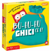 Bu-Hu-Hu Ghici Ce E! társasjáték színes doboza, amelyen egy baglyos zsák látható, sárga háttéren.