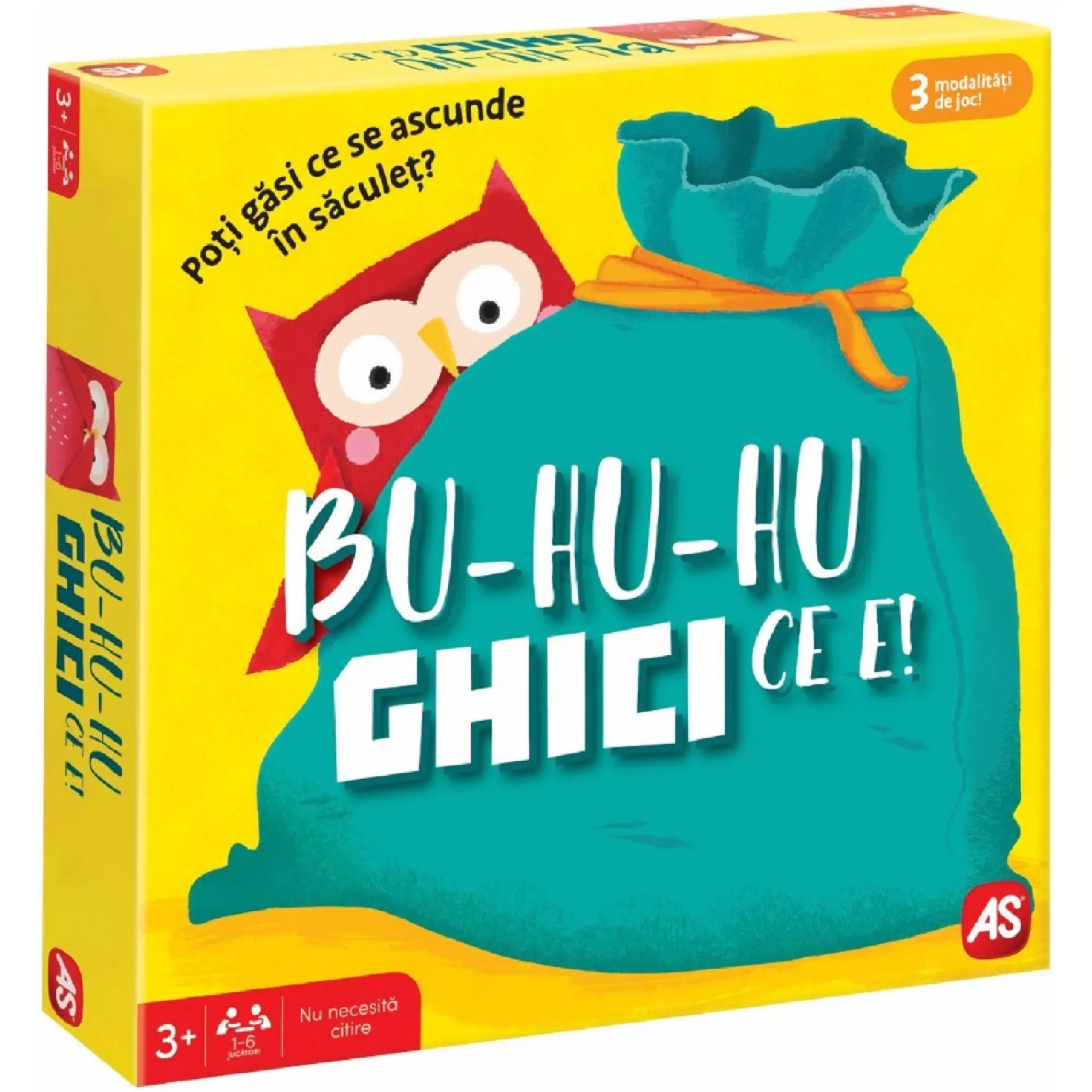 Bu-Hu-Hu Ghici Ce E! társasjáték színes doboza, amelyen egy baglyos zsák látható, sárga háttéren.