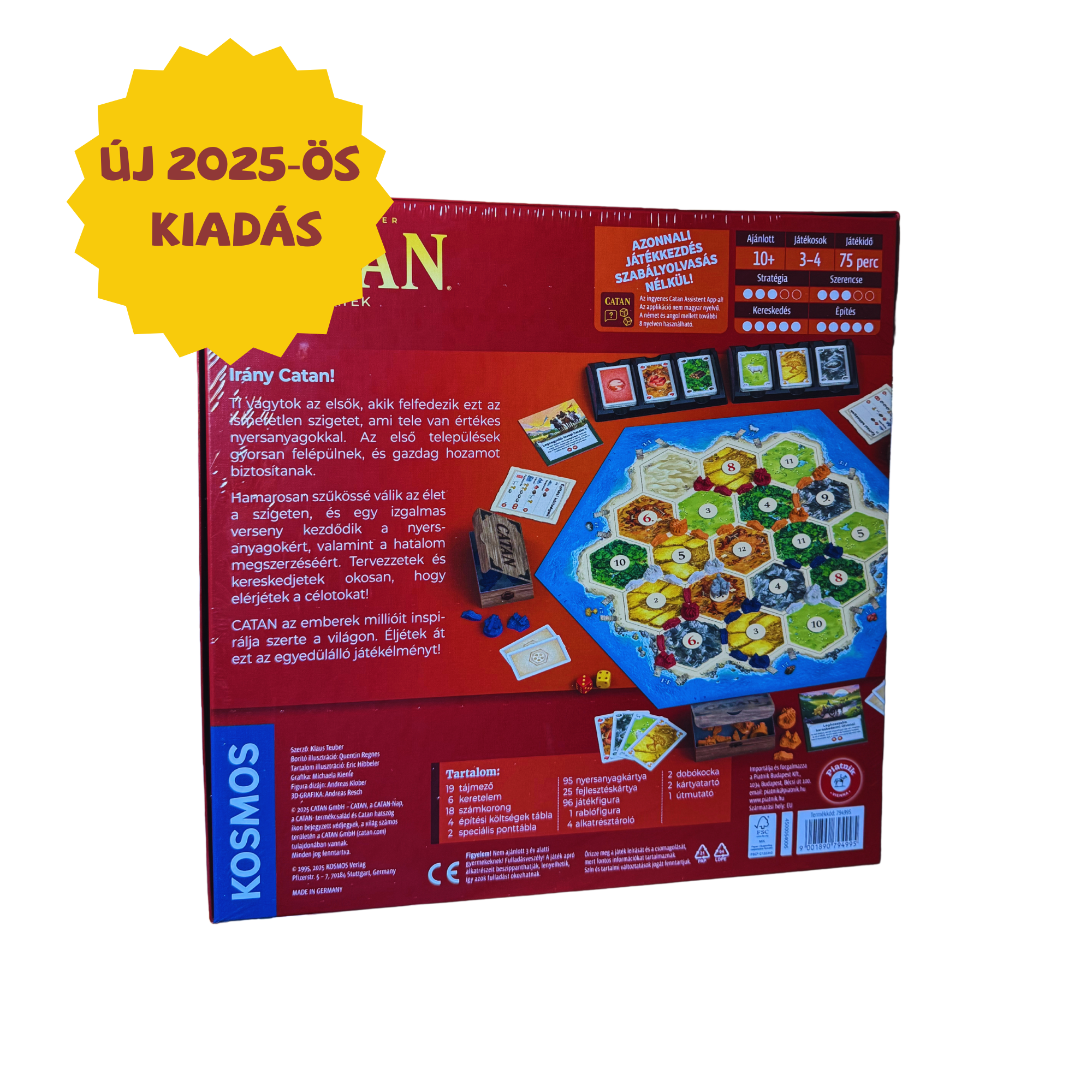 CATAN társasjáték 2025-ös kiadásának dobozhátulja, magyar nyelvű leírással és játéktáblával, piros háttérrel és sárga 'Új 2025-ös kiadás' jelzéssel.