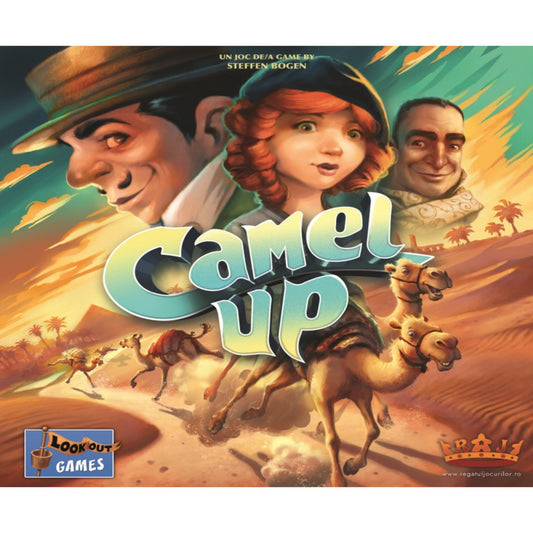 Camel Up (Second Edition) társasjáték dobozborító, színes illusztrációval versenyző tevékről a sivatagban, középen a Camel Up logóval és a Lookout Games kiadó jelzésével