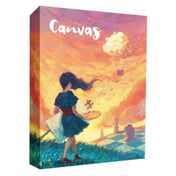 A Canvas társasjáték doboza, amelyen egy művészi stílusban festett jelenet látható: egy lány festőpalettával egy színes, álomszerű tájban, lebegő felhőlufival a háttérben.