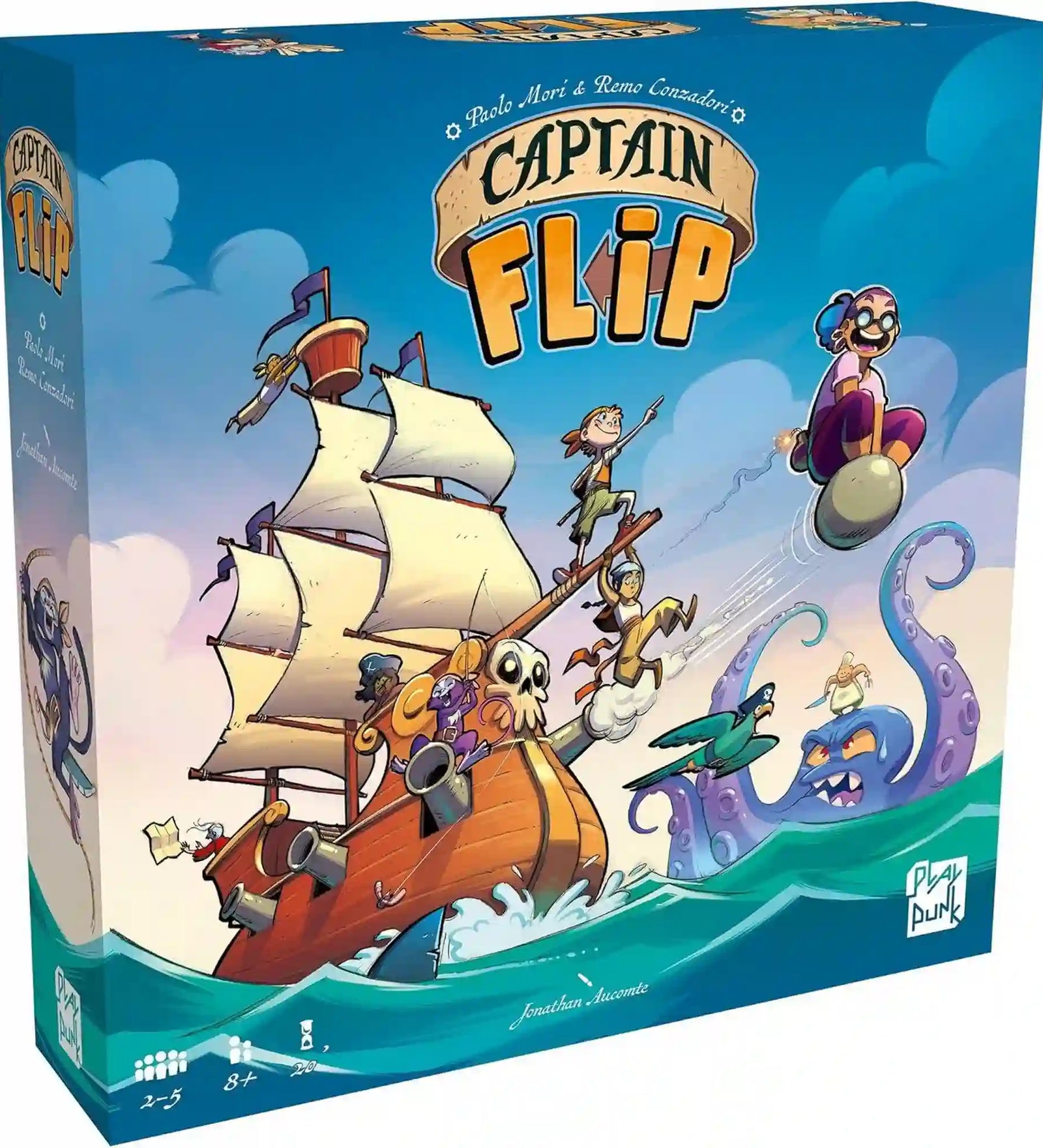 Captain Flip társasjáték doboza kalózhajóval, kalózokkal és tengeri szörnnyel.