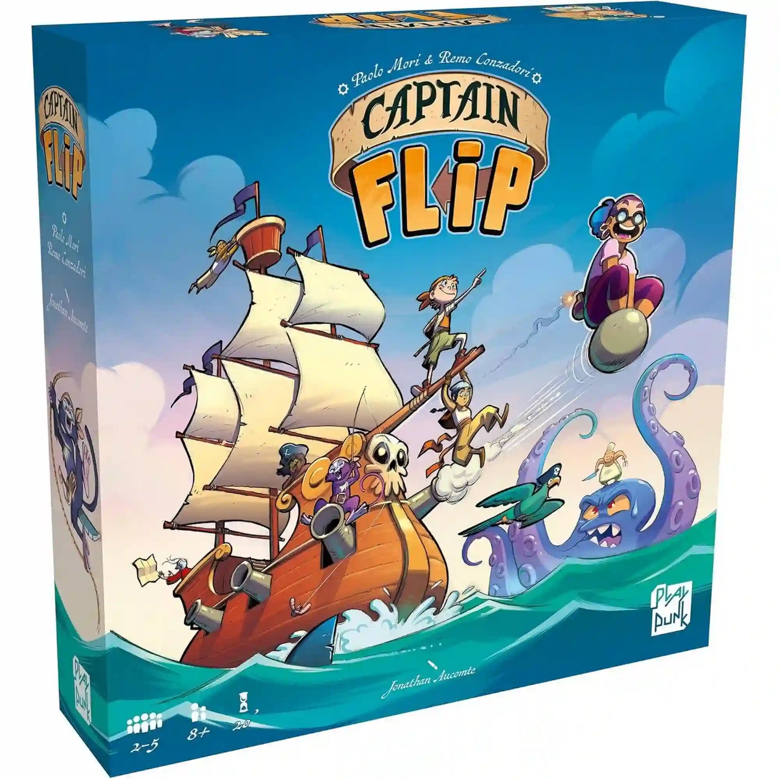 Captain Flip társasjáték doboza kalózhajóval, kalózokkal és tengeri szörnnyel.