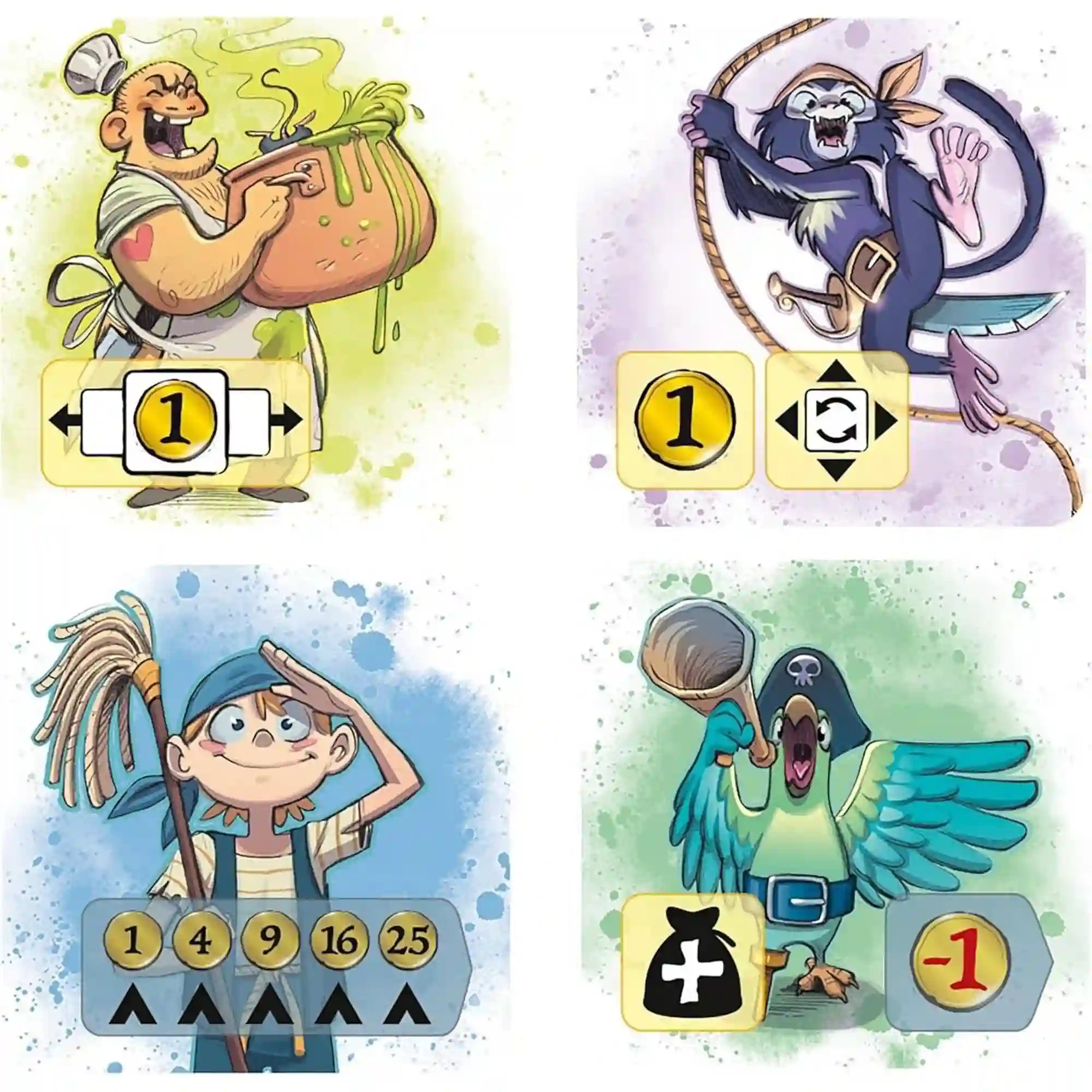 Captain Flip társasjáték színes, különböző értékű érmejelzői.
