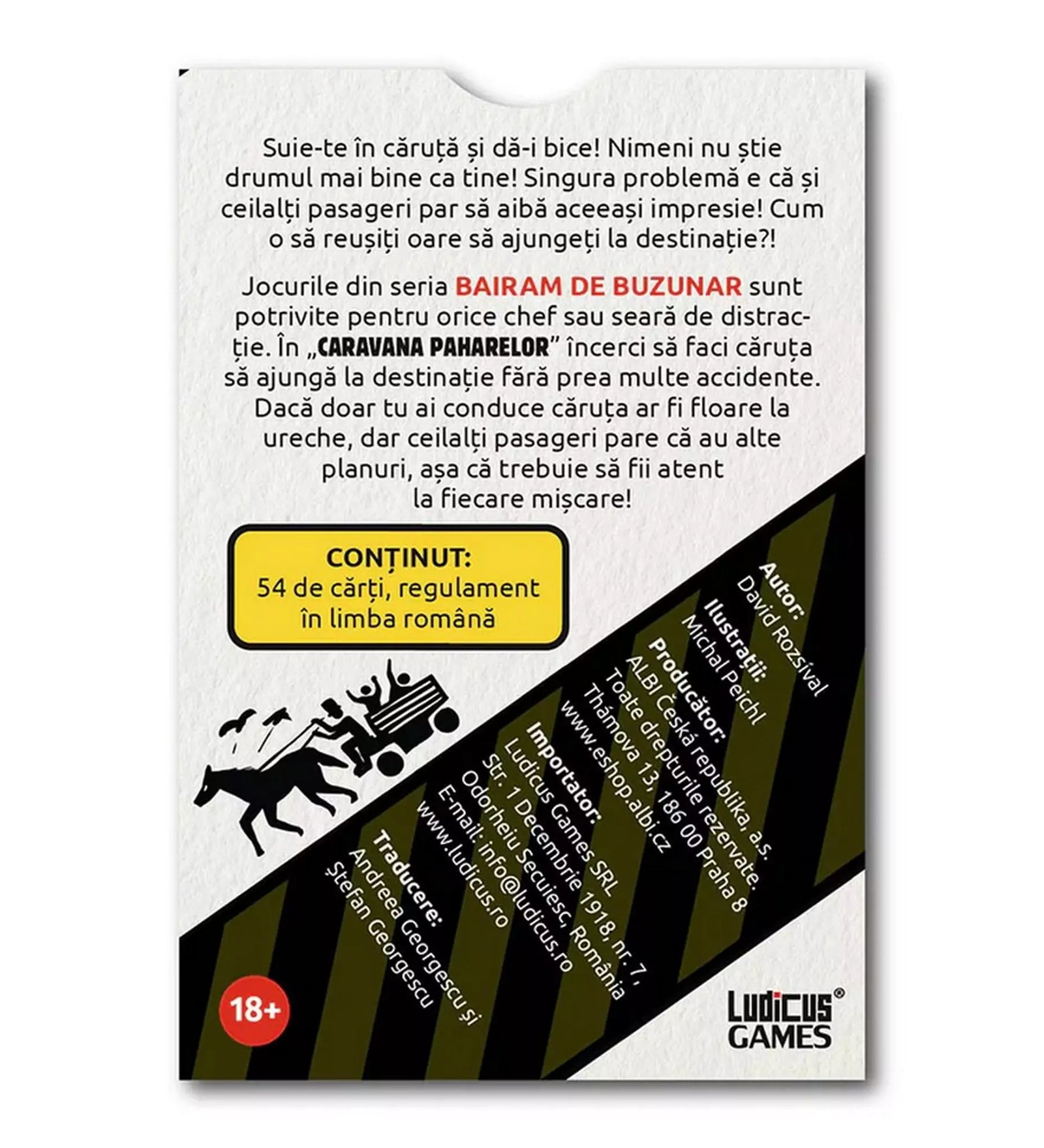  A "Caravana Paharelor" részletes leírása a doboz hátoldalán, amely azonnal kedvet csinál a játékhoz.