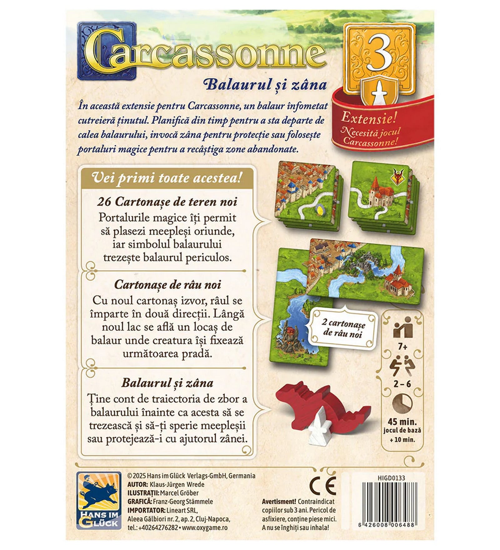 „Carcassonne – Balaurul și zâna kiegészítő dobozhátlapja, új tereplapokkal, folyólapokkal és a sárkány–tündér figurákkal.”