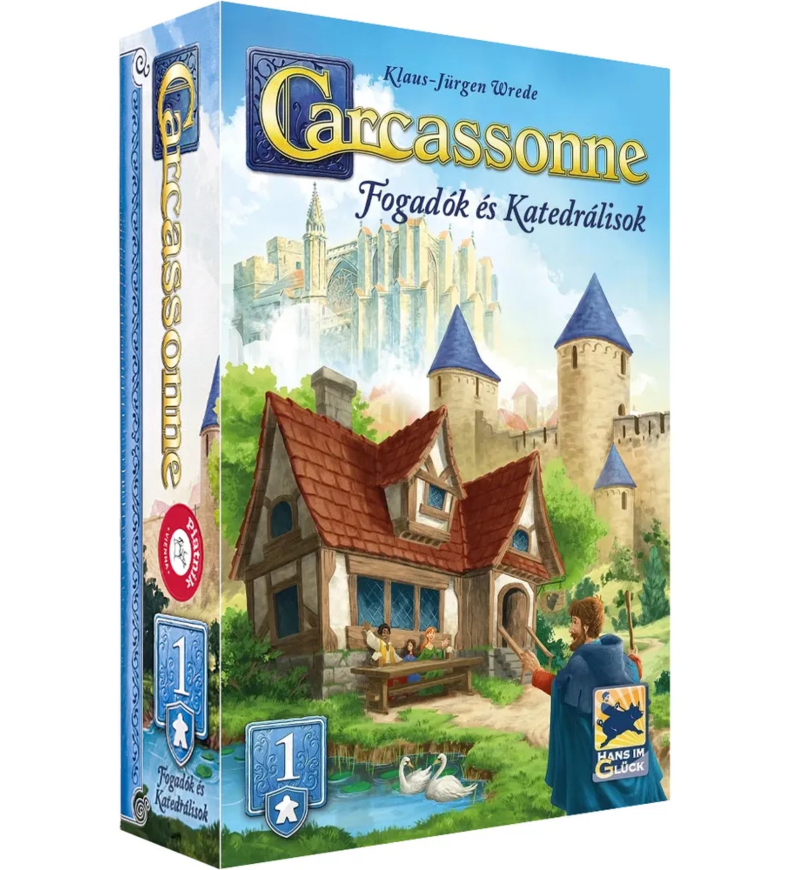 A Carcassonne: Fogadók és Katedrálisok társasjáték kiegészítő doboza, illusztrált borítóval. Előtérben egy fogadó és falusi jelenet látható, háttérben pedig a monumentális katedrális emelkedik a várfalak fölé.