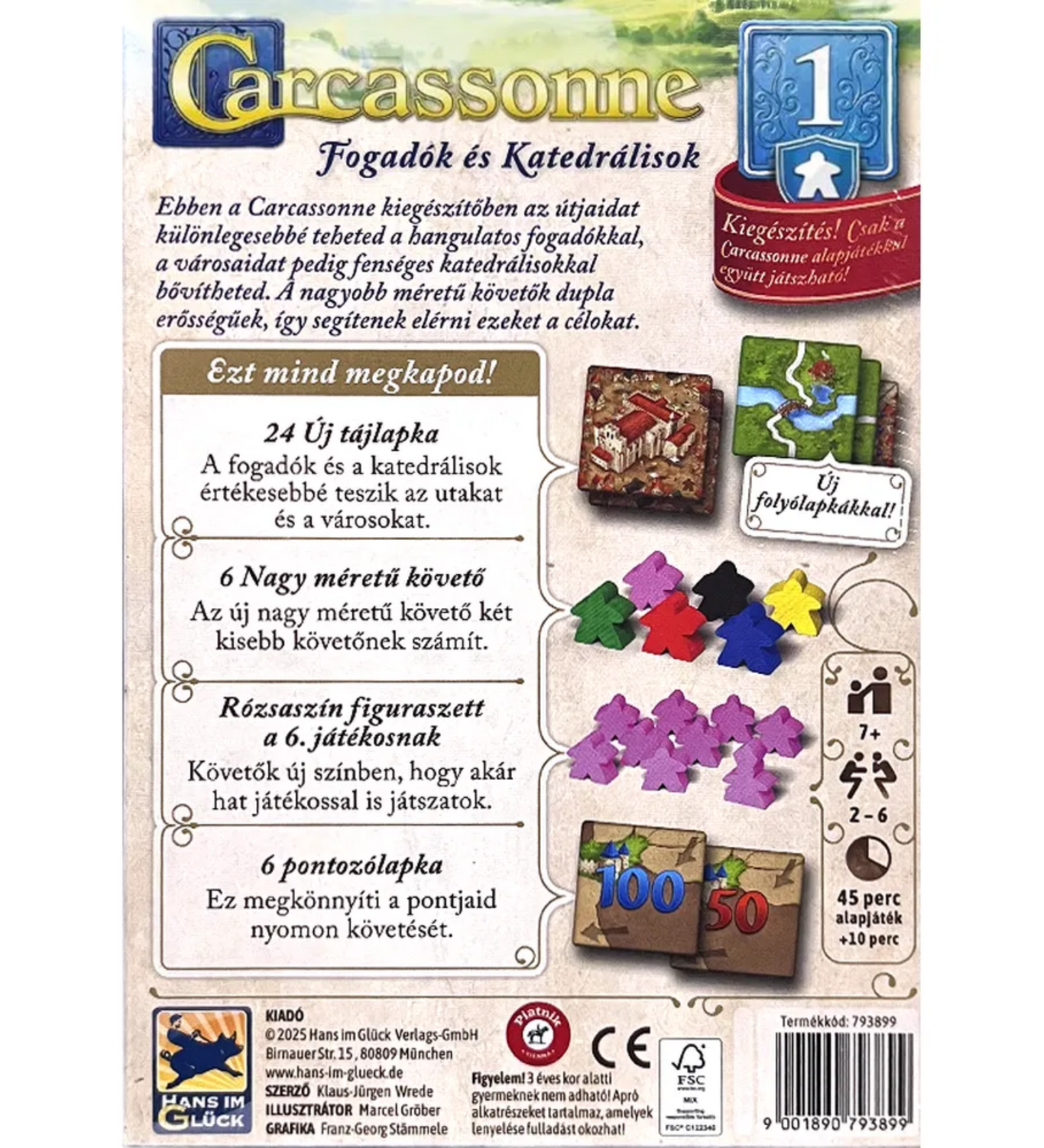 A Carcassonne: Fogadók és Katedrálisok kiegészítő dobozának hátlapja, amely bemutatja a tartalmat: új tájlapkákat, nagyobb követő figurákat, rózsaszín bábukat a 6. játékos számára, valamint pontozólapkákat. Leírás olvasható a játékmenet kiegészítéseiről is.