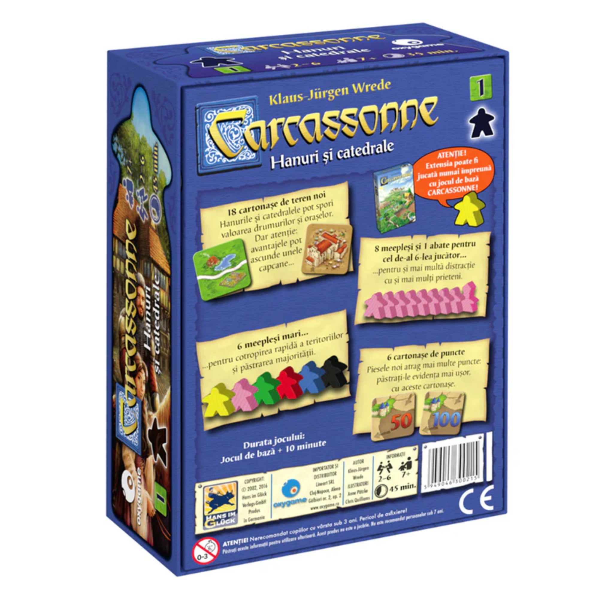 A Carcassonne Hanuri și catedrale kiegészítő dobozának hátoldala, amely bemutatja az új játékelemeket: 18 új kartont, 6 nagy meeple-t, 8 meeple-t a hatodik játékosnak és pontozókártyákat.