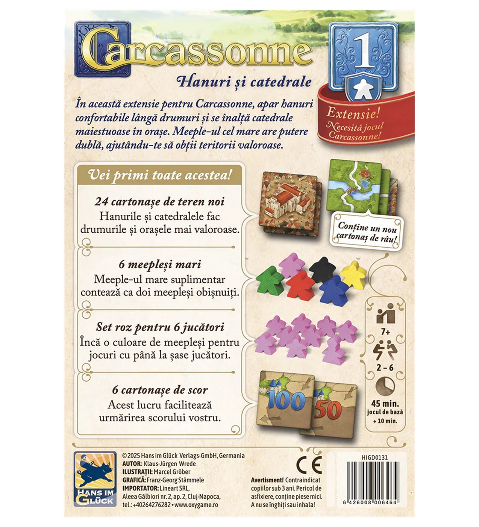 „Carcassonne – Hanuri și catedrale kiegészítő dobozhátlapja, új tereplapokkal, nagy meeple figurákkal, rózsaszín játékszettel és pontlapokkal.”